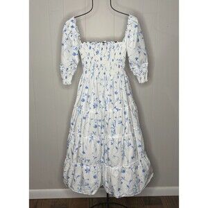 Hill House Nesli Nap Midi Dress White Blue Floral Size S Smocked Puff Sleeve